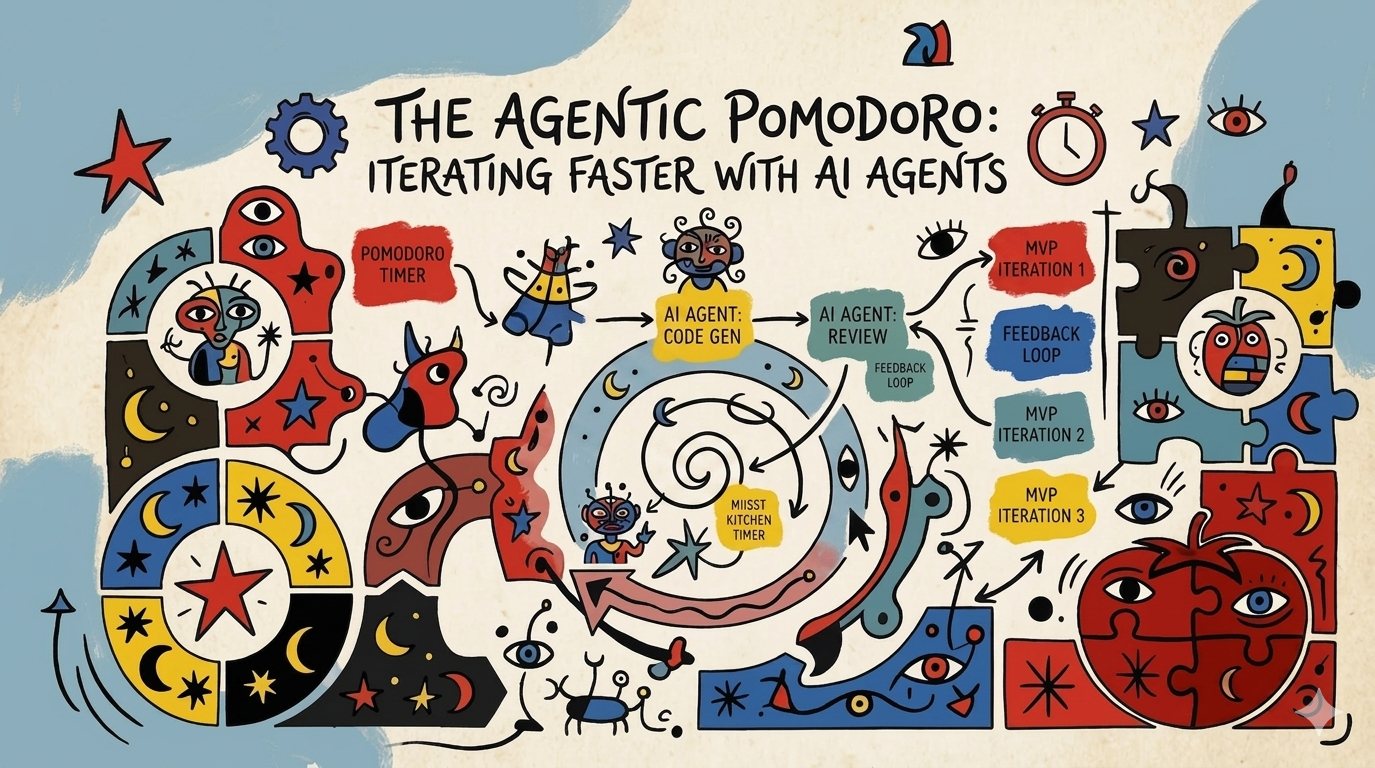 Miró-style title card in red, blue and yellow: masked faces, stars and crescent moons around labelled nodes reading Pomodoro Timer, AI Agent Code Gen, AI Agent Review, Feedback Loop and MVP Iteration 1 to 3.