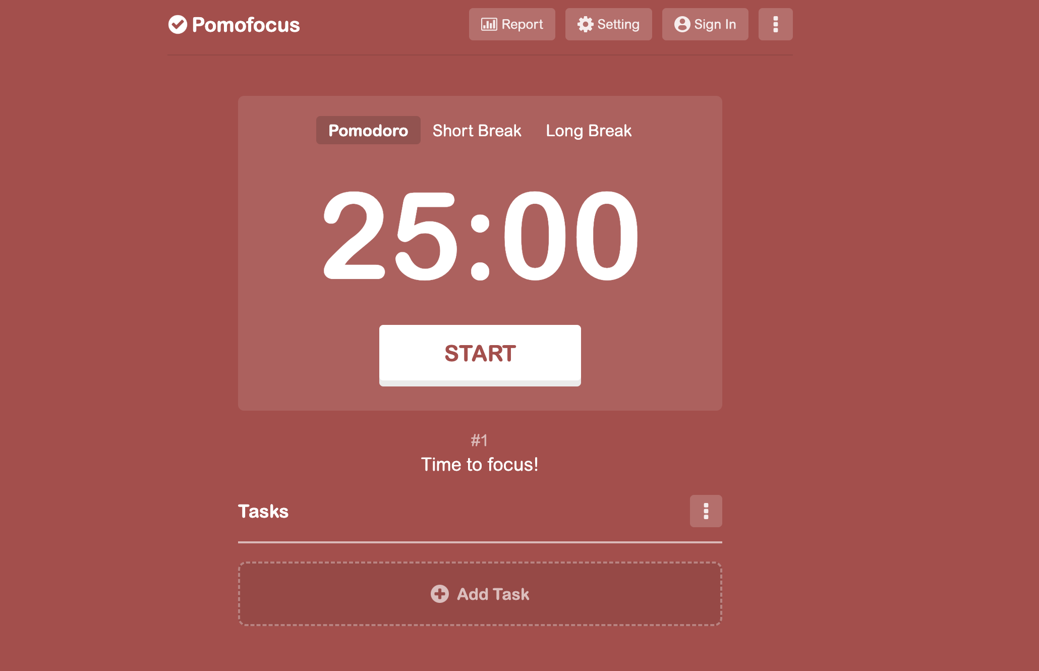 The Pomofocus web timer on a deep red background, showing the Pomodoro / Short Break / Long Break tabs, a 25:00 countdown, a large START button and an empty Tasks list with an Add Task row