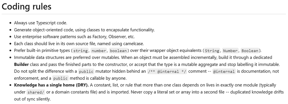 A “Coding rules” section of a Markdown file, listing rules on TypeScript, object-oriented code, enterprise patterns, primitive types, immutability and DRY