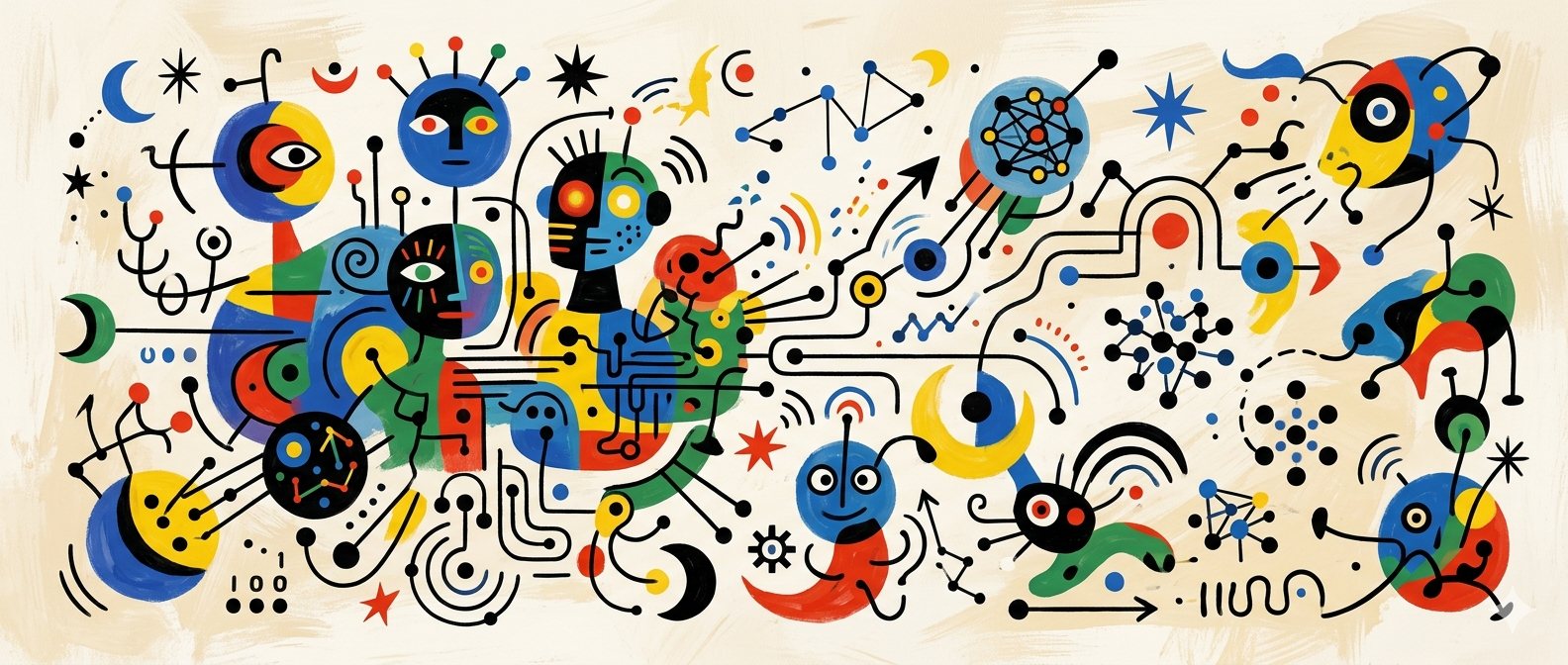 Miró-style painting of colourful abstract figures wired together by black lines, dots and node clusters on a cream background.