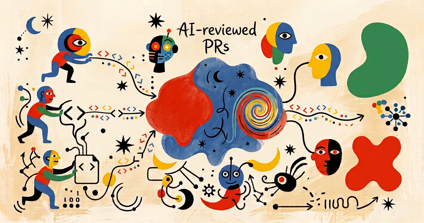 Miró-style title card in red, blue and yellow representing agent-reviewed code pull requests and how agentic AI can help to validate the huge PRs that are generated due to the adoption of agents.